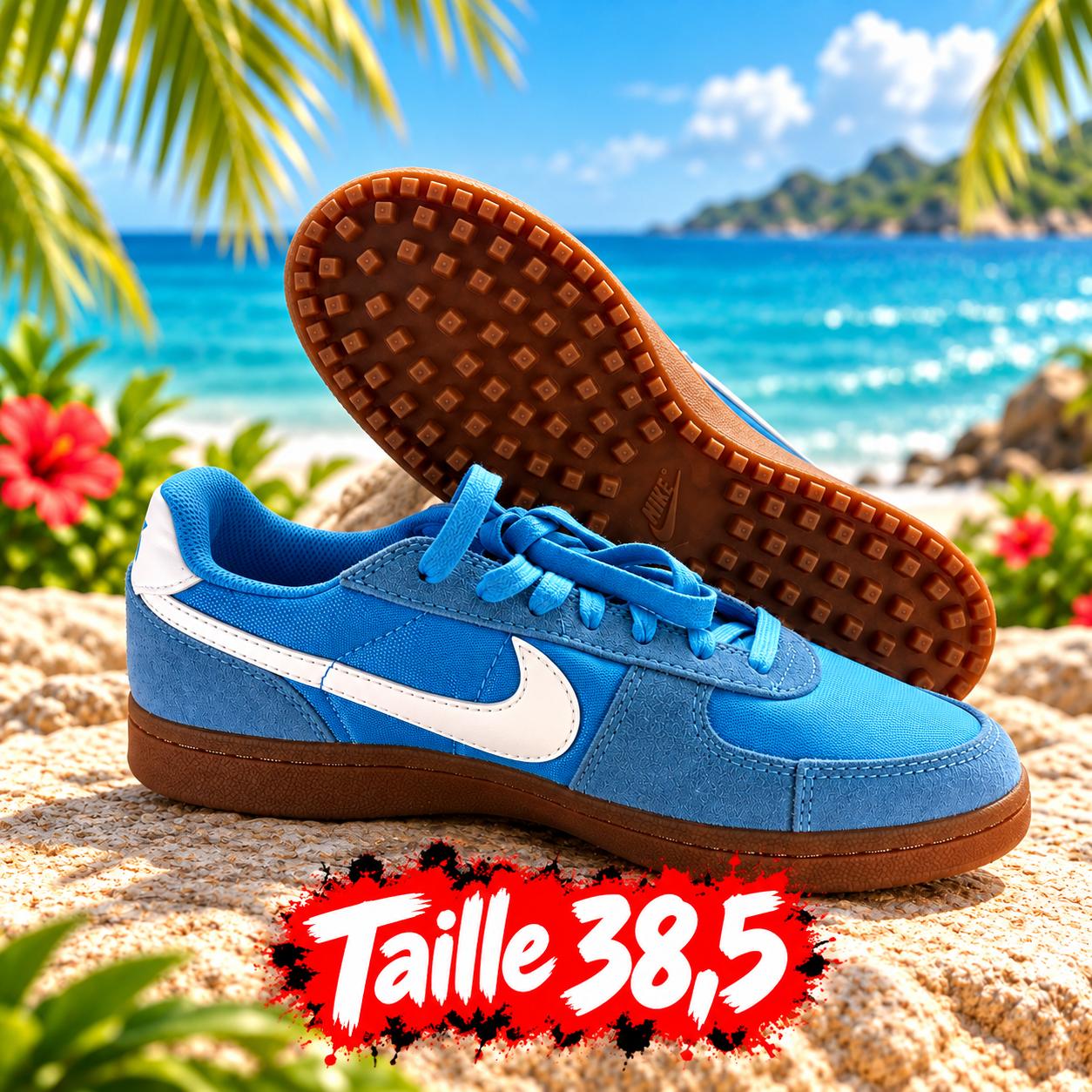 Baskets bleues sur plage tropicale