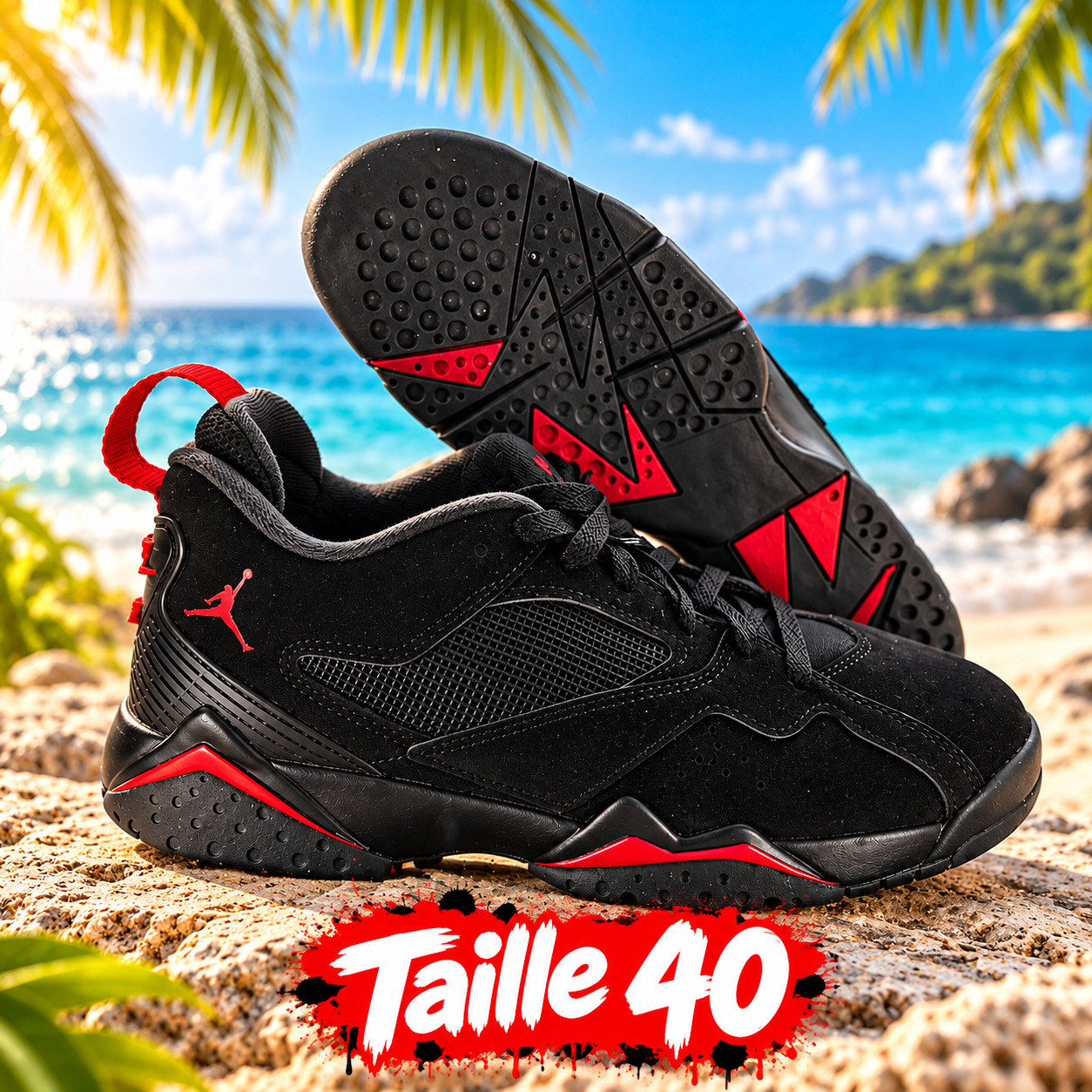 Baskets noires et rouges au bord de mer
